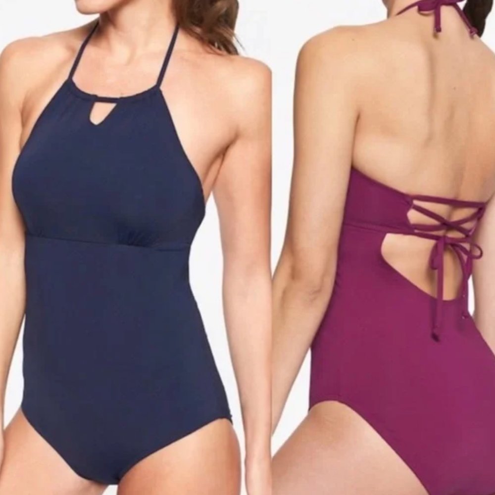 Athleta Halter High Neck Keyhole Swimsuit | Size: L | Color: Navy Blue